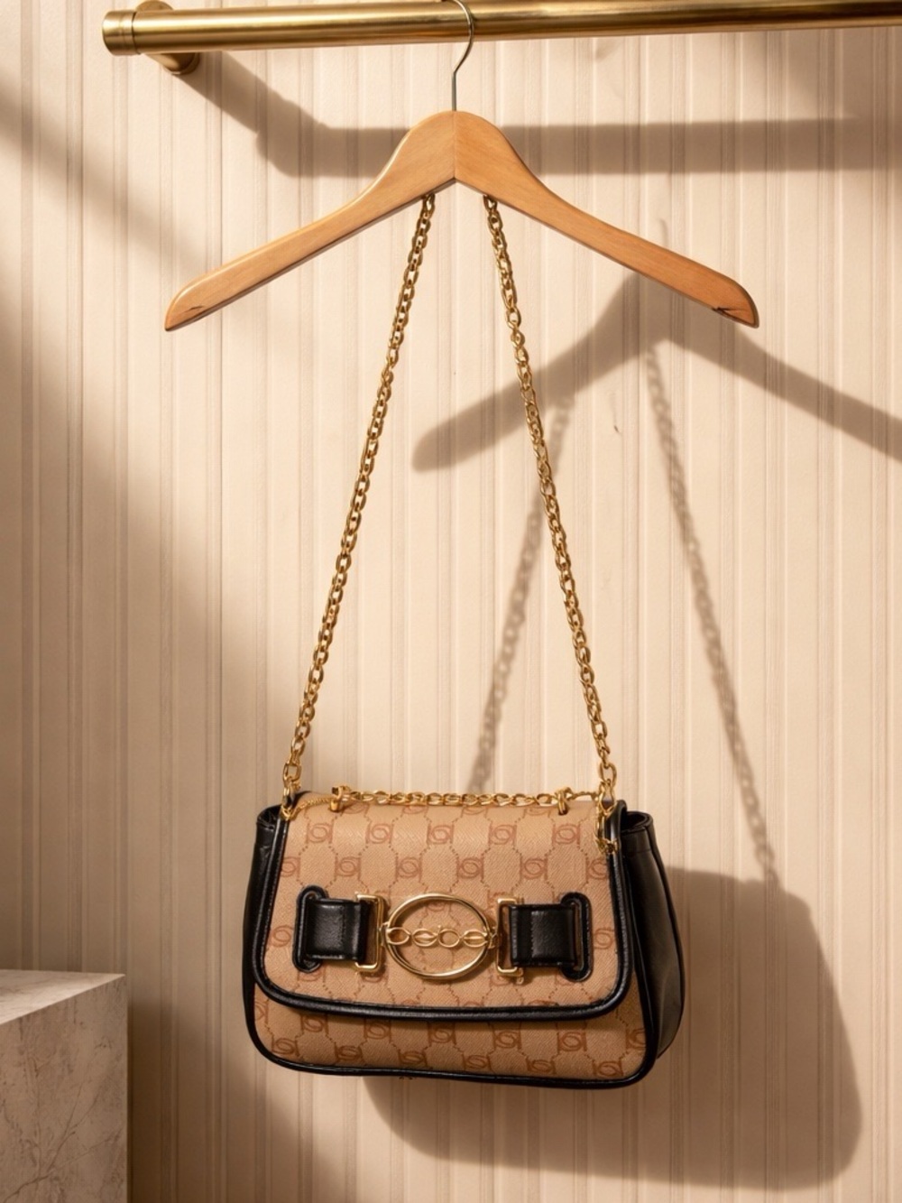NWT BEBE Leilani Monogram Crossbody Bag – Almond/Black